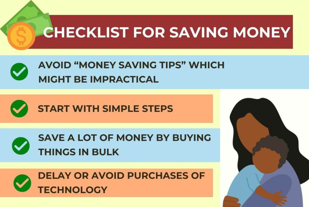 A checklist is displayed for saving money, for a single mother before moving out